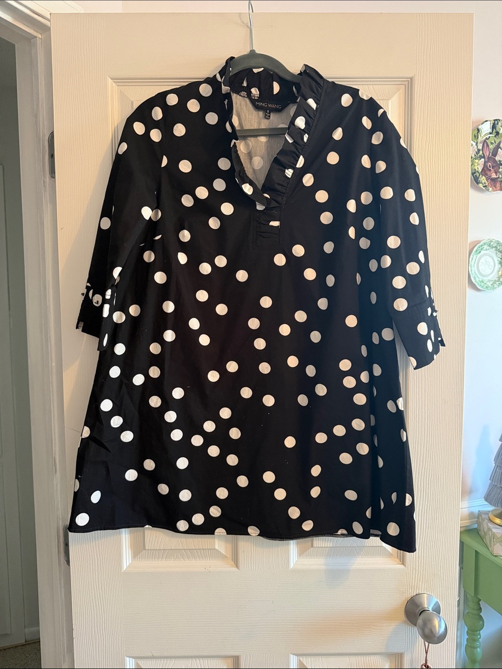 Ming Wang Black and White Polka Dot Ruffle Neck Tunic